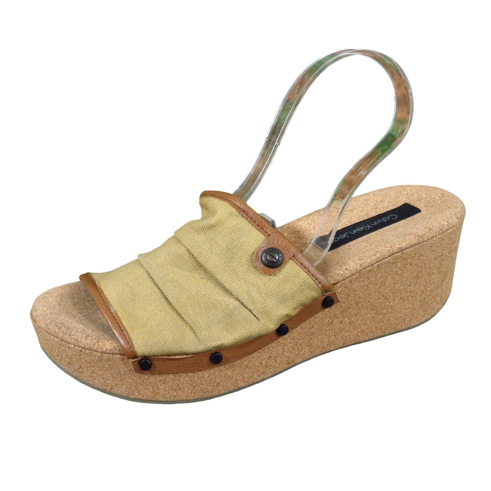 Calvin Klein Jeans Yvana Women Wedge Sandal Size 7.5 Summer Platform Tan Cork